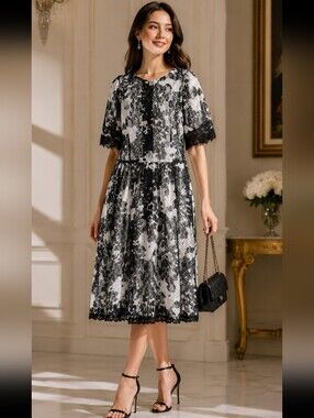Lucy De Castenou Beverly Hills dress Size L? Black/white Lace Scallop Sleeve #R2